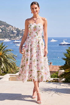Rosa A-Linie Trägerloses Midi Blumenkleid