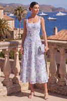 Laden Sie das Bild in den Galerie-Viewer, Grünes A-Linien-Quadrathals-Midi-Blumenkleid mit Perlenausschnitt und Spitze hinten