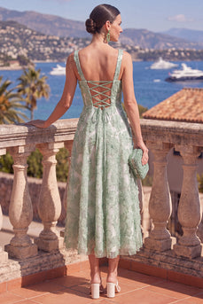 Grünes A-Linie Quadrathals Midi Blumenkleid mit Strasssteinenund Rückenschnürung