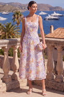 Laden Sie das Bild in den Galerie-Viewer, Grünes A-Linien-Quadrathals-Midi-Blumenkleid mit Perlenausschnitt und Spitze hinten