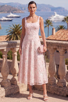 Laden Sie das Bild in den Galerie-Viewer, Grünes A-Linien-Quadrathals-Midi-Blumenkleid mit Perlenausschnitt und Spitze hinten