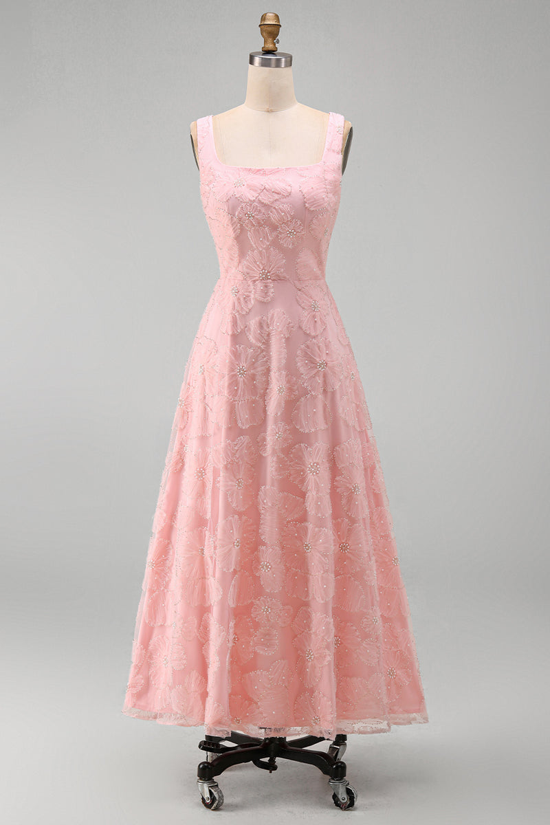 Laden Sie das Bild in den Galerie-Viewer, Grünes A-Linie Quadrathals Midi Blumenkleid mit Strasssteinenund Rückenschnürung
