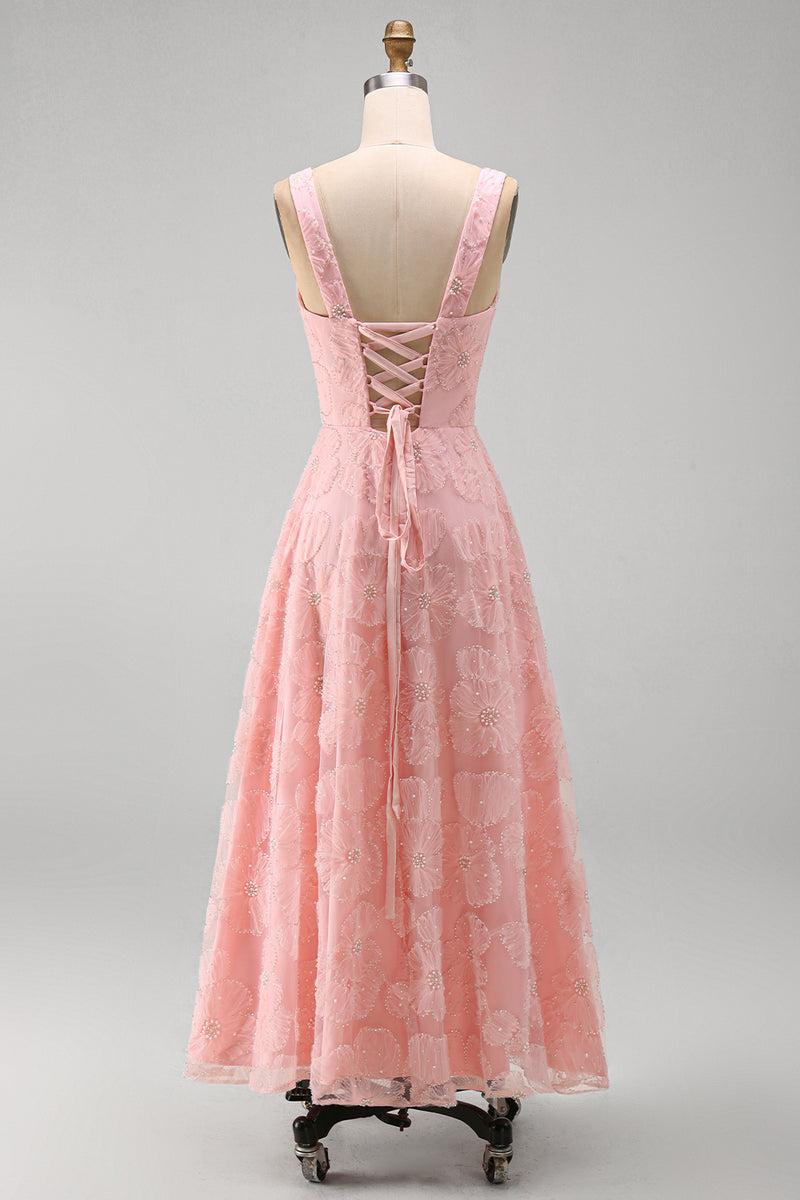 Laden Sie das Bild in den Galerie-Viewer, Grünes A-Linie Quadrathals Midi Blumenkleid mit Strasssteinenund Rückenschnürung
