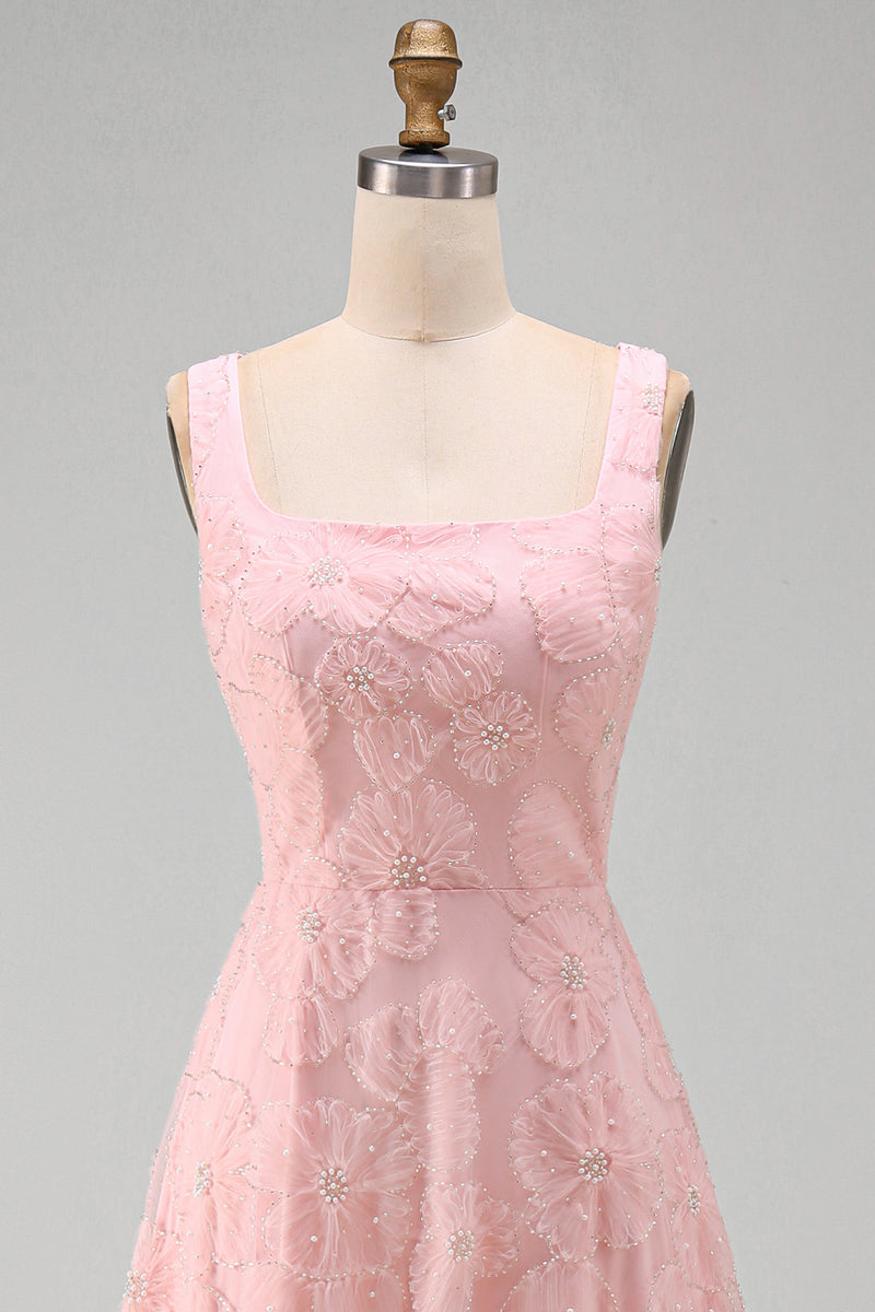 Laden Sie das Bild in den Galerie-Viewer, Grünes A-Linie Quadrathals Midi Blumenkleid mit Strasssteinenund Rückenschnürung
