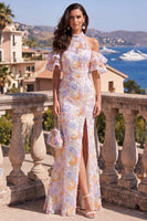 Laden Sie das Bild in den Galerie-Viewer, Meerjungfrauen-Neckholder-Blau-Lila-Rüschen-Maxikleid mit Blumen und Schlitz