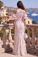 Laden Sie das Bild in den Galerie-Viewer, Meerjungfrauen-Neckholder-Blau-Lila-Rüschen-Maxikleid mit Blumen und Schlitz