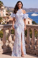 Laden Sie das Bild in den Galerie-Viewer, Meerjungfrauen-Neckholder-Blau-Lila-Rüschen-Maxikleid mit Blumen und Schlitz