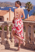 Laden Sie das Bild in den Galerie-Viewer, Rosa rotes Blumen-A-Linien-Spaghetti-Träger mit Falten und Rüschen-Midi-Kleid mit Schlitz