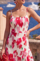 Laden Sie das Bild in den Galerie-Viewer, Rosa rotes Blumen-A-Linien-Spaghetti-Träger mit Falten und Rüschen-Midi-Kleid mit Schlitz