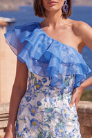 Laden Sie das Bild in den Galerie-Viewer, Ein schulteriger blauer Bodycon mit Rüschen und Midi-Blumenkleid mit Schlitz