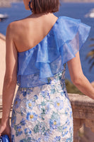 Laden Sie das Bild in den Galerie-Viewer, Ein schulteriger blauer Bodycon mit Rüschen und Midi-Blumenkleid mit Schlitz