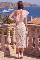 Laden Sie das Bild in den Galerie-Viewer, Ein schulteriger blauer Bodycon mit Rüschen und Midi-Blumenkleid mit Schlitz