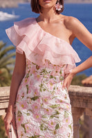 Laden Sie das Bild in den Galerie-Viewer, Ein schulteriger blauer Bodycon mit Rüschen und Midi-Blumenkleid mit Schlitz