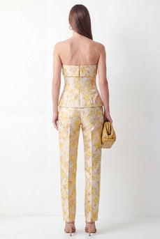 Gelbe Zweiteilige Trägerlose Florale Jacquard Slim Fit Damenanzüge