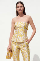 Laden Sie das Bild in den Galerie-Viewer, Gelbe zweiteilige trägerlose, florale Jacquard Slim Fit Damenanzüge