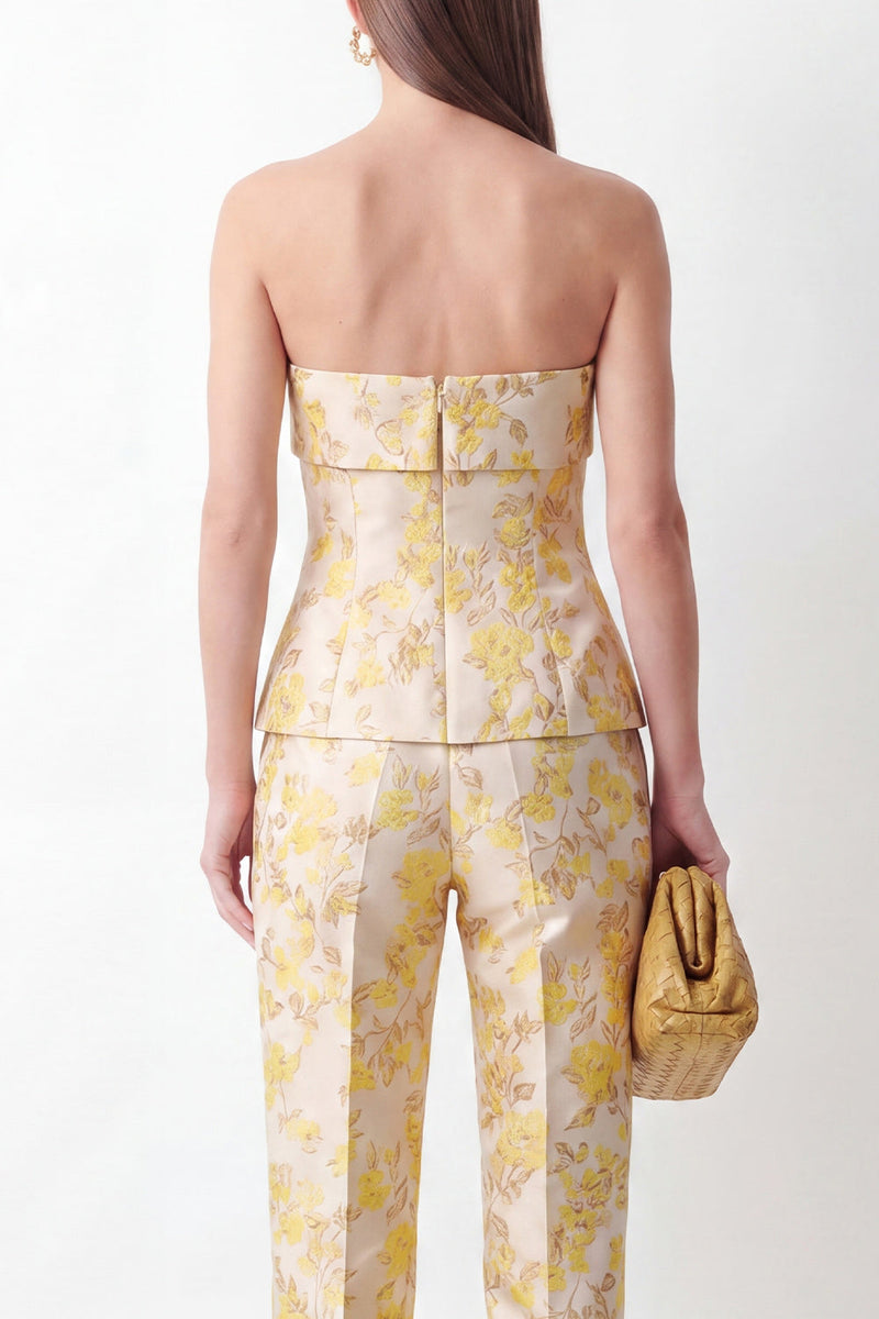 Laden Sie das Bild in den Galerie-Viewer, Gelbe zweiteilige trägerlose, florale Jacquard Slim Fit Damenanzüge
