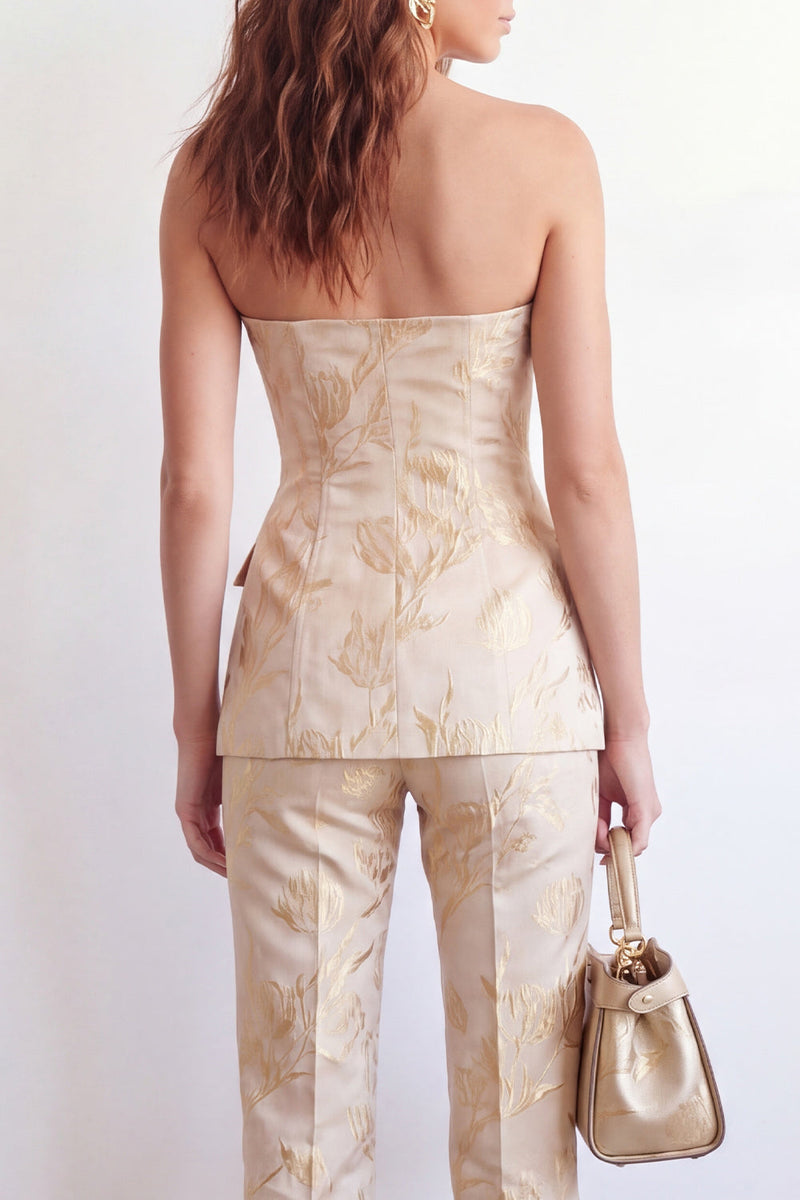 Laden Sie das Bild in den Galerie-Viewer, Zweiteilige Golden Sweetheart einreihige Jacquard-Blumenanzüge für Frauen