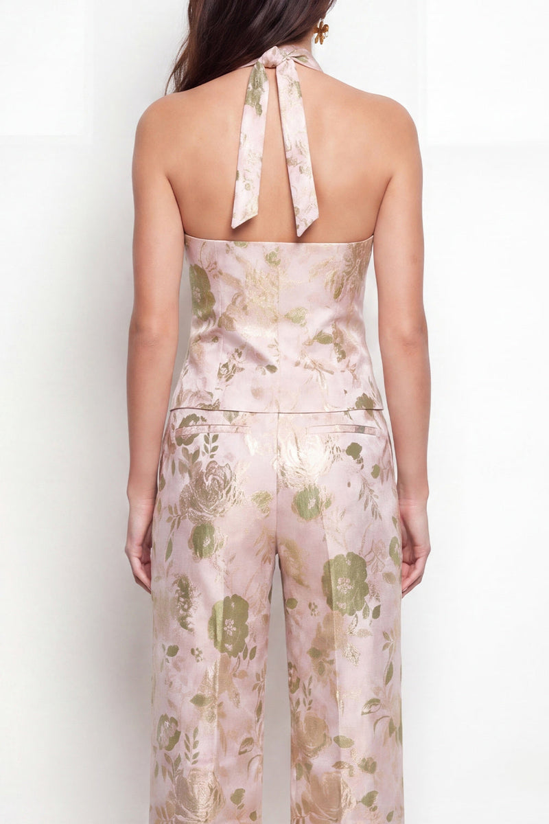 Laden Sie das Bild in den Galerie-Viewer, Green Flower 2-teilige Neckholderhals-Einreihige Jacquard-Damenanzüge