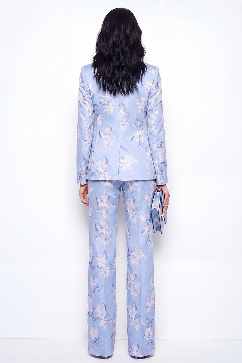 Laden Sie das Bild in den Galerie-Viewer, Zweiteilige zweiteilige Jacquard-Einknopf-Slim Fit Damenanzüge mit blauer Notch-Revers