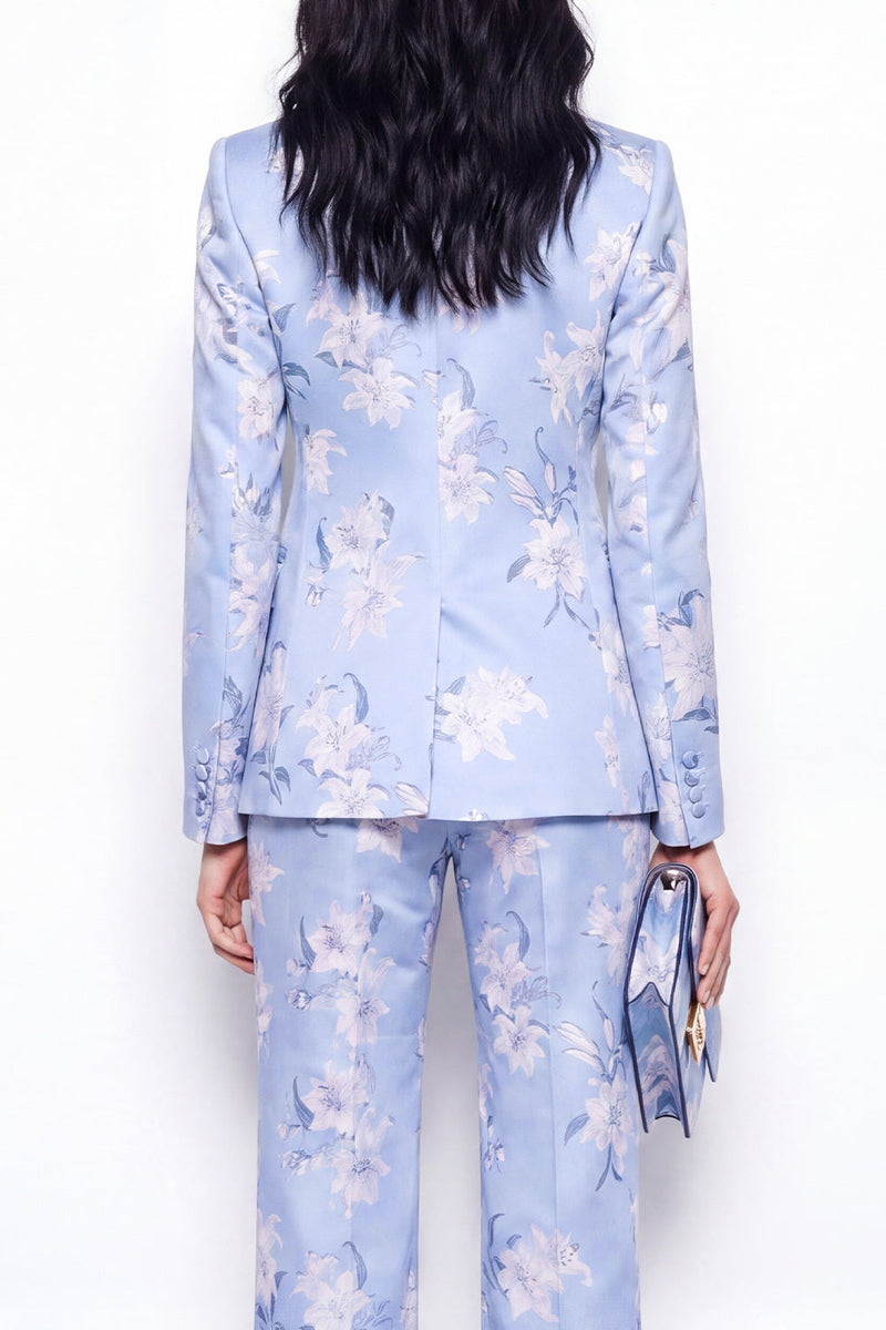 Laden Sie das Bild in den Galerie-Viewer, Zweiteilige zweiteilige Jacquard-Einknopf-Slim Fit Damenanzüge mit blauer Notch-Revers