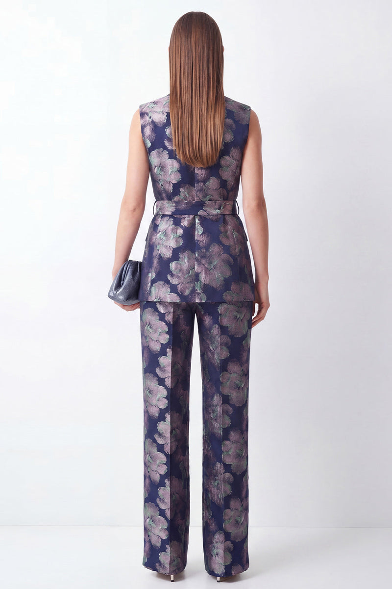 Laden Sie das Bild in den Galerie-Viewer, Marineblaue Jacquard zweiteilige Schal-Revers-Damenanzüge mit Gürtel