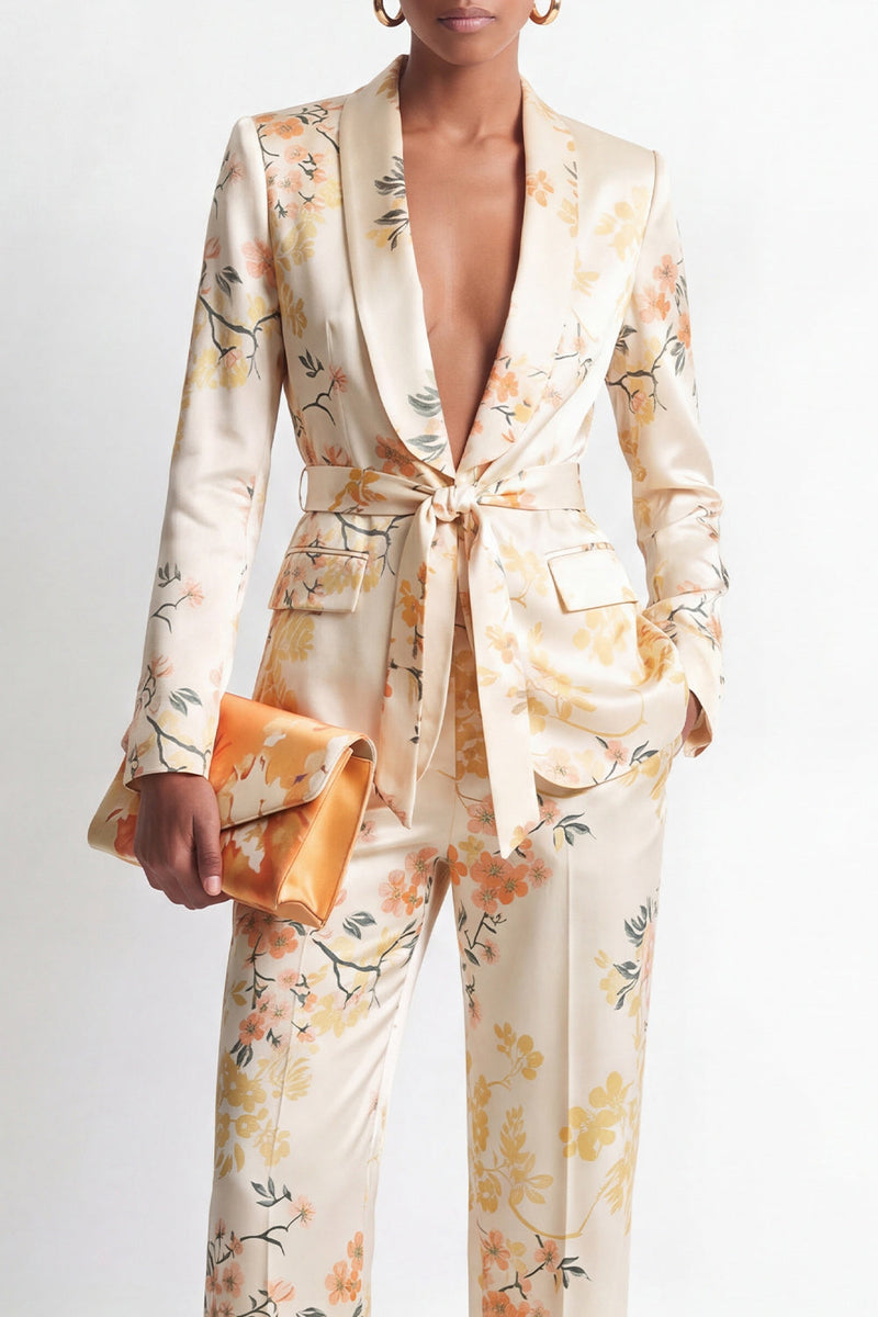 Laden Sie das Bild in den Galerie-Viewer, 2-teilige Champagnerschal Satin Blumenanzüge mit Revers und Gürtel