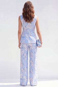 2-teilige Blaue Schal-Revers mit einem Knopf Jacquard Blumenanzüge für Frauen