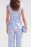 Laden Sie das Bild in den Galerie-Viewer, 2-teilige blaue Schal-Revers mit einem Knopf Jacquard-Blumenanzüge für Frauen