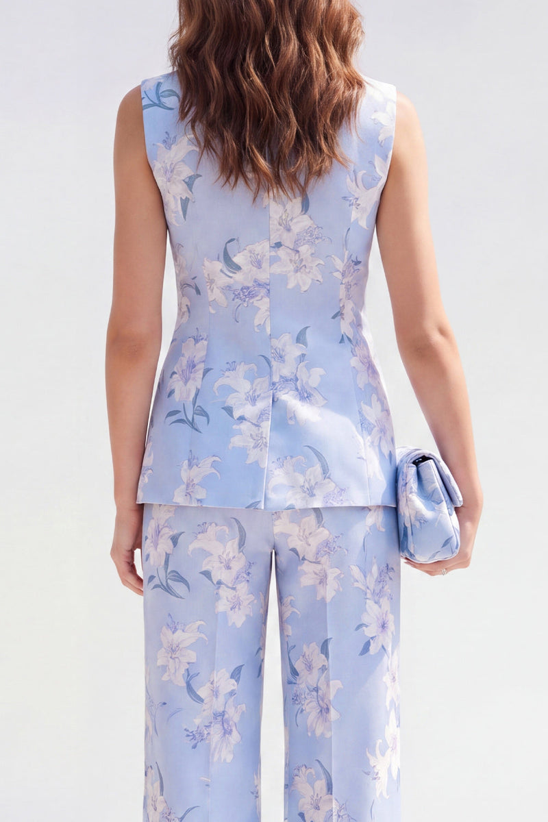 Laden Sie das Bild in den Galerie-Viewer, 2-teilige blaue Schal-Revers mit einem Knopf Jacquard-Blumenanzüge für Frauen