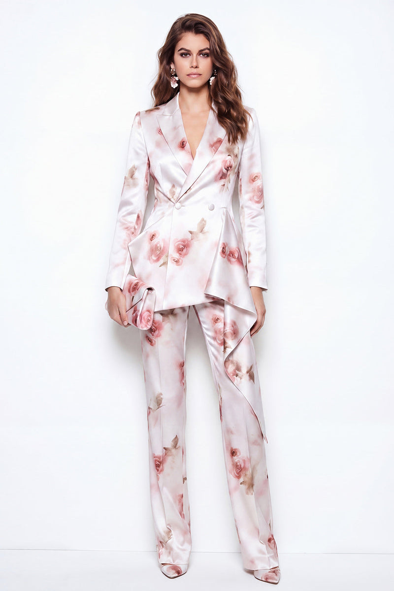 Laden Sie das Bild in den Galerie-Viewer, 2-teilige White Red Flower Satin Peak Revers doppelreihige Blumenanzüge für Frauen