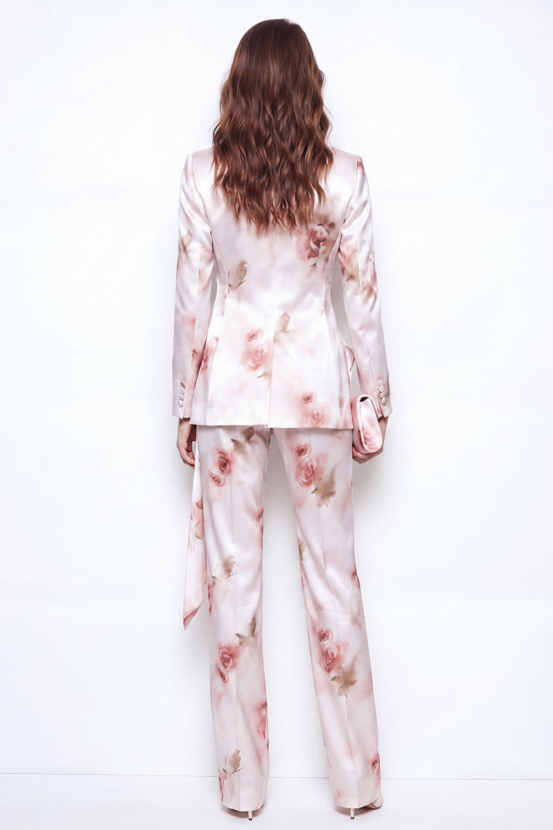 Laden Sie das Bild in den Galerie-Viewer, 2-teilige White Red Flower Satin Peak Revers doppelreihige Blumenanzüge für Frauen