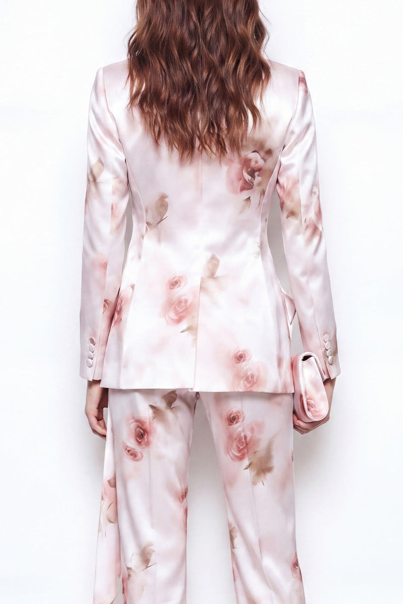 Laden Sie das Bild in den Galerie-Viewer, 2-teilige White Red Flower Satin Peak Revers doppelreihige Blumenanzüge für Frauen
