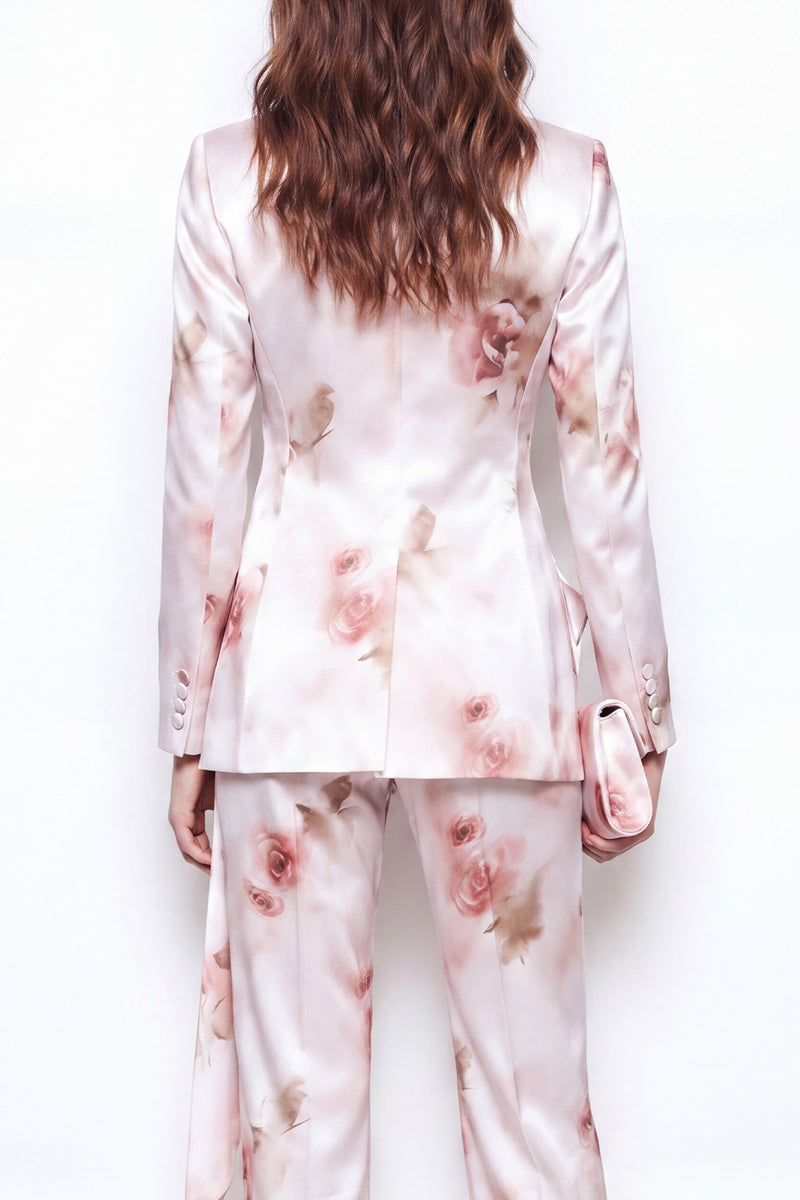 Laden Sie das Bild in den Galerie-Viewer, 2-teilige White Red Flower Satin Peak Revers doppelreihige Blumenanzüge für Frauen