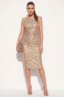 Laden Sie das Bild in den Galerie-Viewer, Glitzerndes goldenes Rundhals-Bodycon-Pailletten-Midi-Arbeitskleid mit Schlitz