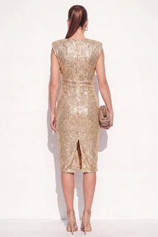 Glitzerndes Goldenes Rundhals Bodycon Pailletten Midi Arbeitskleid mit Schlitz