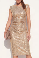 Laden Sie das Bild in den Galerie-Viewer, Glitzerndes goldenes Rundhals-Bodycon-Pailletten-Midi-Arbeitskleid mit Schlitz