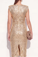 Laden Sie das Bild in den Galerie-Viewer, Glitzerndes goldenes Rundhals-Bodycon-Pailletten-Midi-Arbeitskleid mit Schlitz