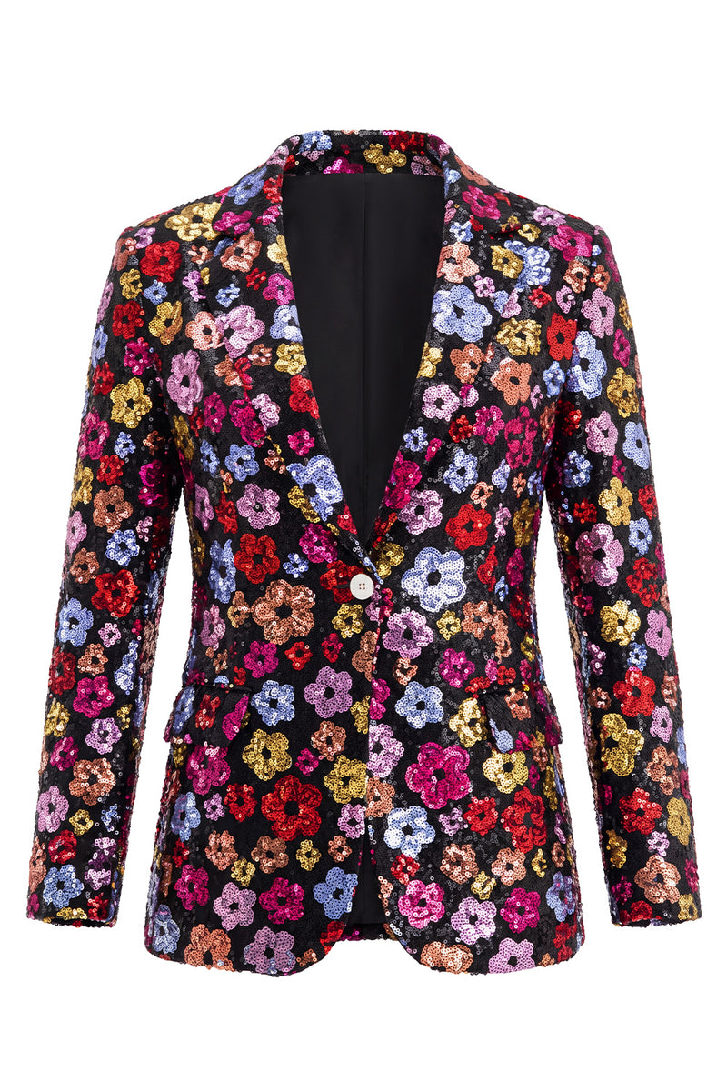 Laden Sie das Bild in den Galerie-Viewer, Glitzernde Schwarze Revers mit einem Knopf Blumen Pailletten Damenanzüge