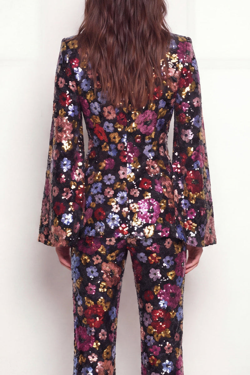 Laden Sie das Bild in den Galerie-Viewer, Glitzernde schwarze Revers mit einem Knopf Blumenpailletten Damenanzüge