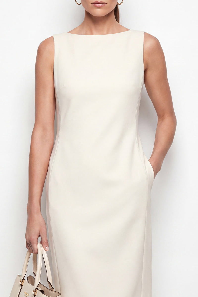 Laden Sie das Bild in den Galerie-Viewer, Elfenbein-Bateau-Ausschnitt Bodycon Midi-Arbeitskleid mit Schlitz