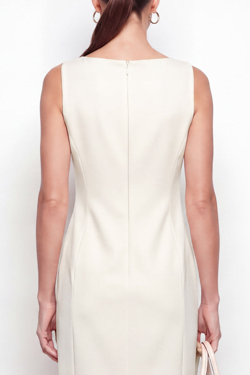 Laden Sie das Bild in den Galerie-Viewer, Elfenbein-Bateau-Ausschnitt Bodycon Midi-Arbeitskleid mit Schlitz