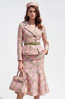 Laden Sie das Bild in den Galerie-Viewer, 2-teiliges grün-rosa Blumennotch-Revers einreihiges Jacquard-Midi-Arbeitskleid mit Gürtel