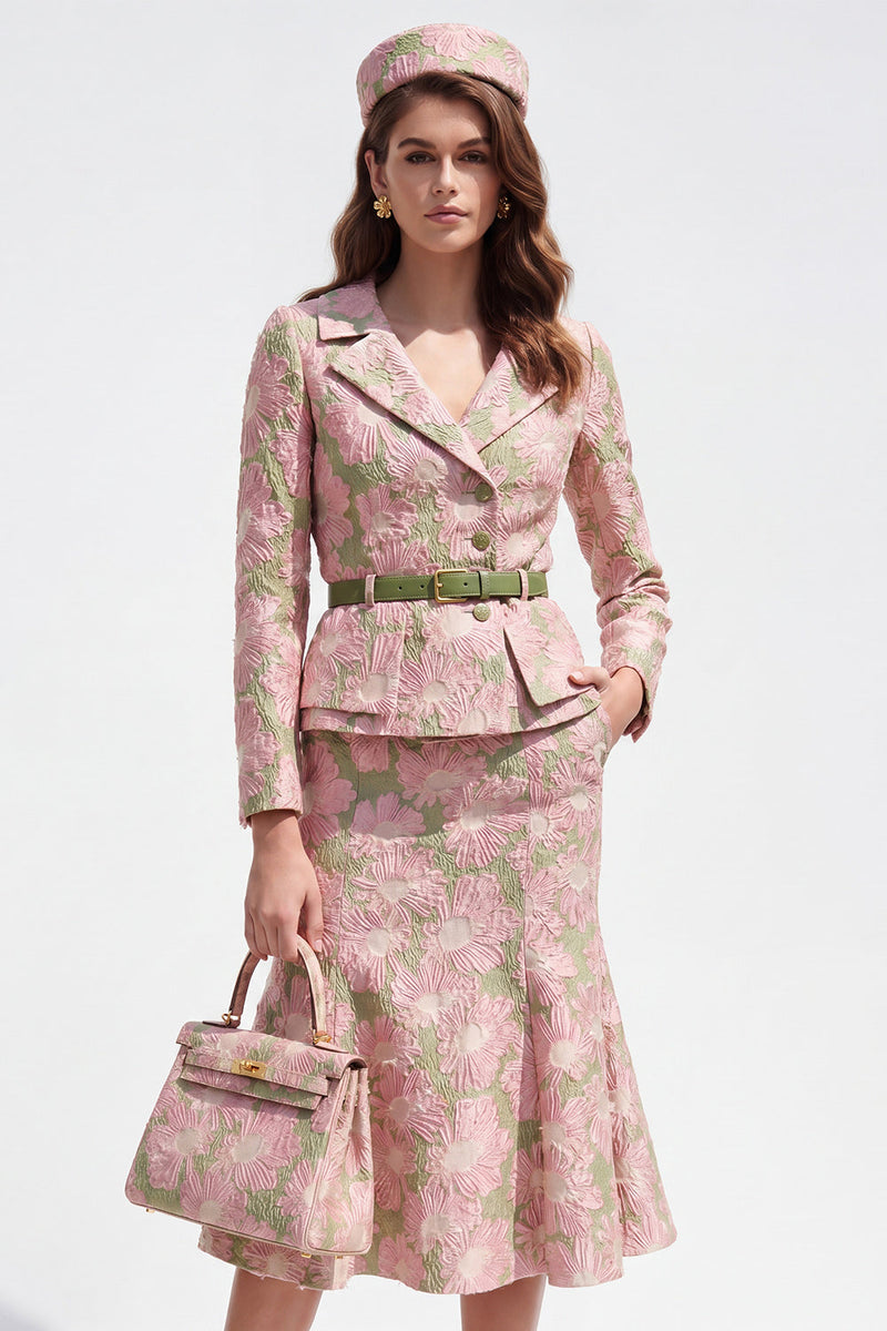 Laden Sie das Bild in den Galerie-Viewer, 2-teiliges grün-rosa Blumennotch-Revers einreihiges Jacquard-Midi-Arbeitskleid mit Gürtel