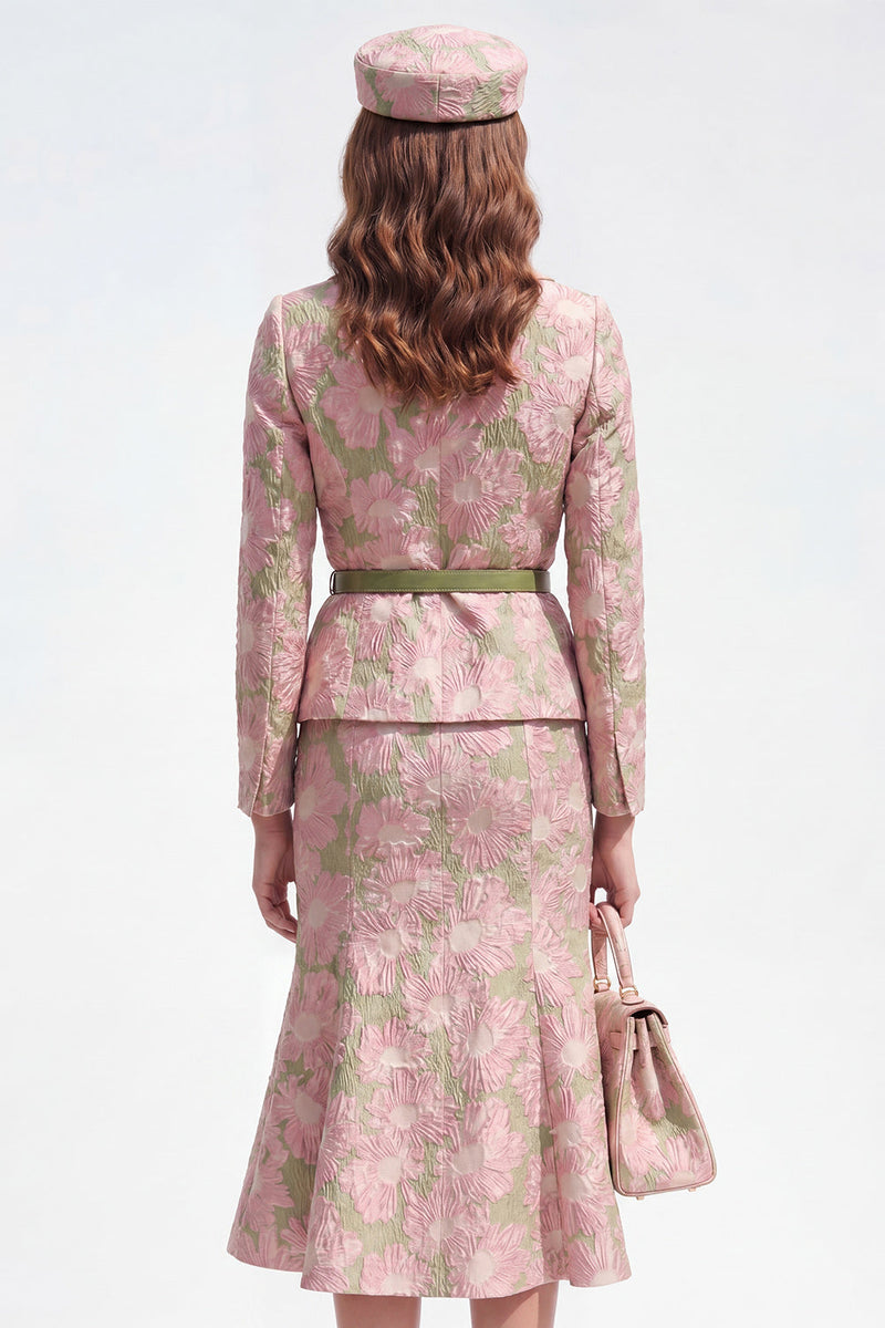 Laden Sie das Bild in den Galerie-Viewer, 2-teiliges grün-rosa Blumennotch-Revers einreihiges Jacquard-Midi-Arbeitskleid mit Gürtel