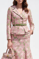 Laden Sie das Bild in den Galerie-Viewer, 2-teiliges grün-rosa Blumennotch-Revers einreihiges Jacquard-Midi-Arbeitskleid mit Gürtel