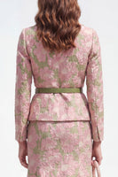 Laden Sie das Bild in den Galerie-Viewer, 2-teiliges grün-rosa Blumennotch-Revers einreihiges Jacquard-Midi-Arbeitskleid mit Gürtel