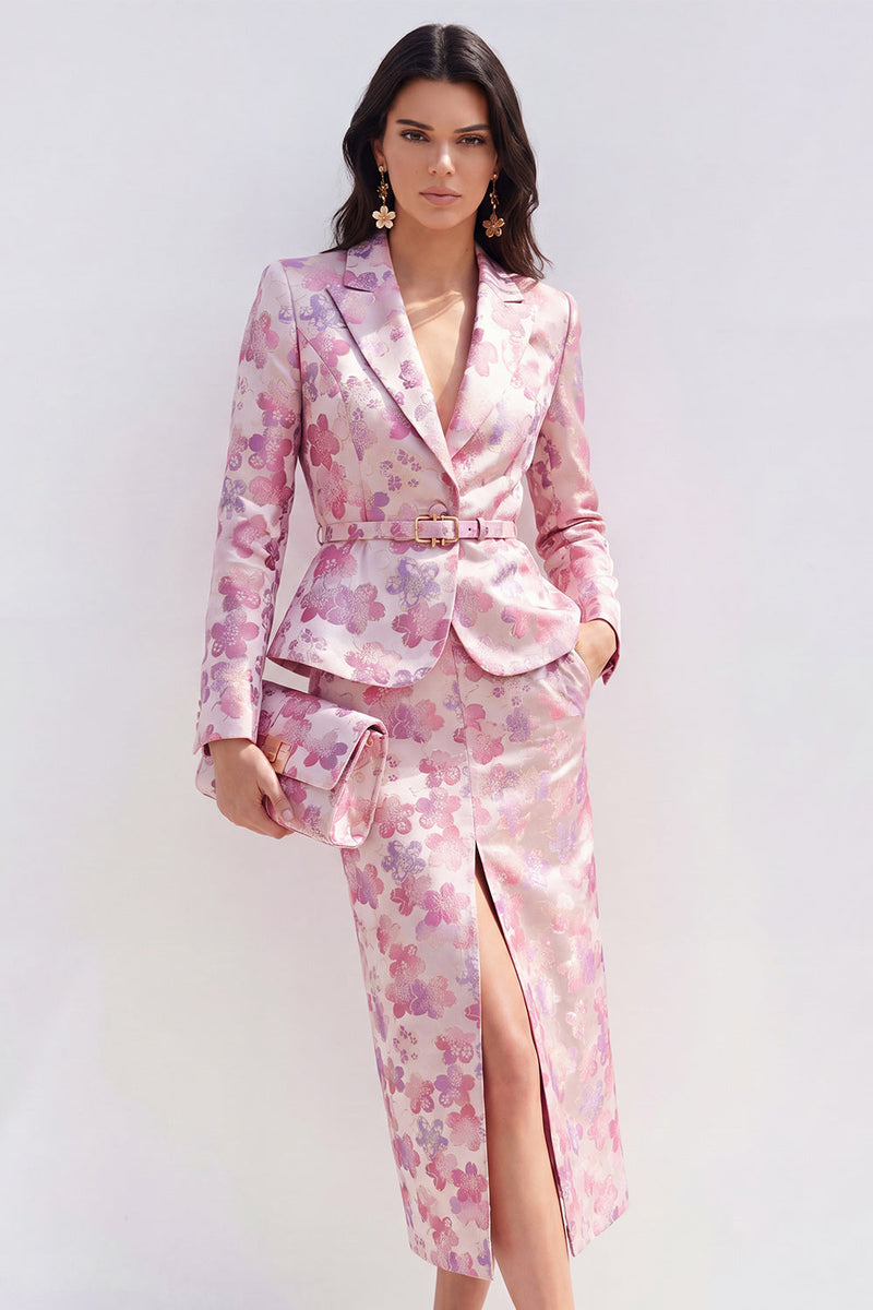 Laden Sie das Bild in den Galerie-Viewer, Rosa Fuchsia-Blumensatin 2-teiliges Midi-Kleid mit Peak-Revers und Schlitz