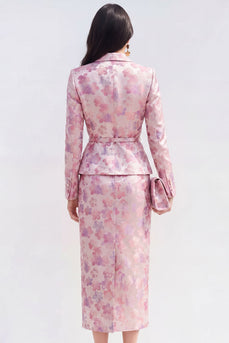 Rosa Fuchsia Blumen Satin 2-teiliges Midi-Kleid mit Peak-Revers und Schlitz