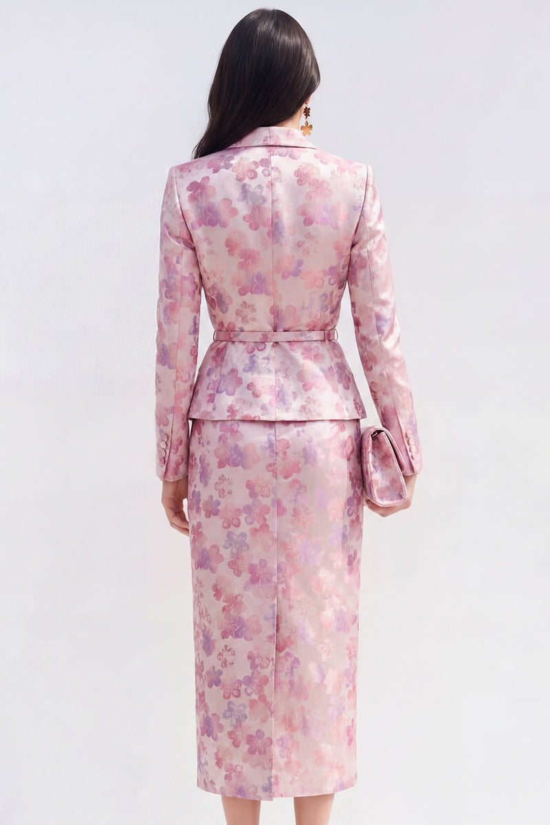 Laden Sie das Bild in den Galerie-Viewer, Rosa Fuchsia-Blumensatin 2-teiliges Midi-Kleid mit Peak-Revers und Schlitz