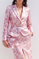 Laden Sie das Bild in den Galerie-Viewer, Rosa Fuchsia-Blumensatin 2-teiliges Midi-Kleid mit Peak-Revers und Schlitz